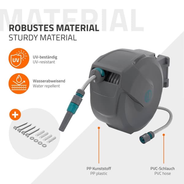 ECD Germany Slangvinda 15m+1,5m, slangvinda, väggmonterad slangbox RollUp med låsstopp och 9 sprayfunktioner, 180° svängbar, automatisk vatten- och