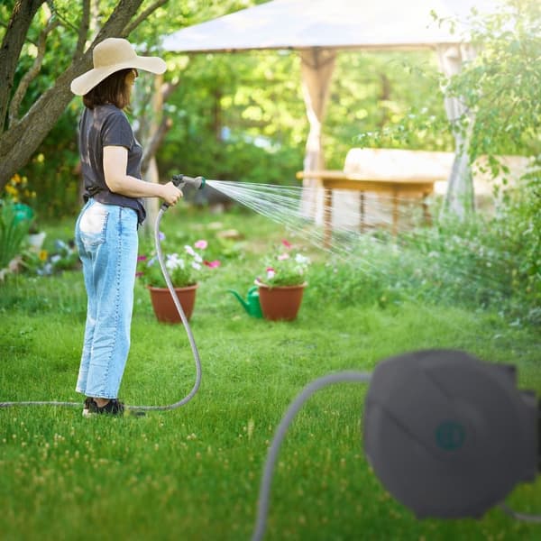 ECD Germany Slangvinda 15m+1,5m, slangvinda, väggmonterad slangbox RollUp med låsstopp och 9 sprayfunktioner, 180° svängbar, automatisk vatten- och