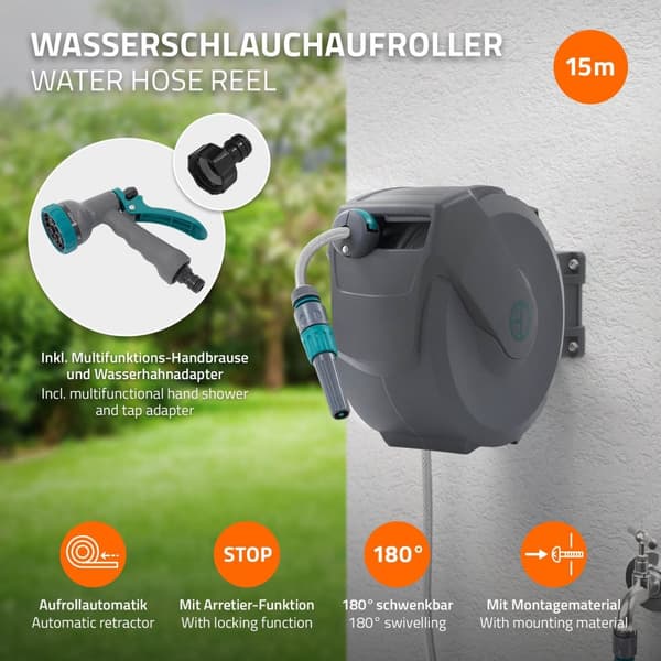 ECD Germany Slangvinda 15m+1,5m, slangvinda, väggmonterad slangbox RollUp med låsstopp och 9 sprayfunktioner, 180° svängbar, automatisk vatten- och