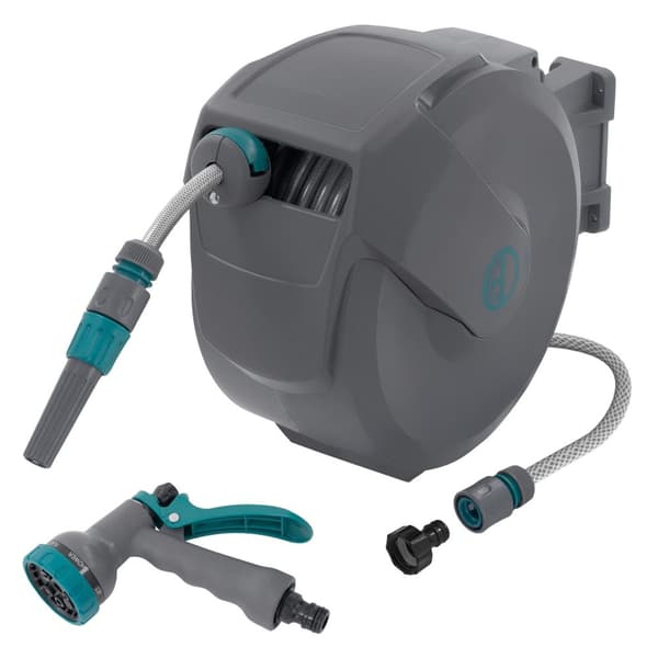 ECD Germany Slangvinda 15m+1,5m, slangvinda, väggmonterad slangbox RollUp med låsstopp och 9 sprayfunktioner, 180° svängbar, automatisk vatten- och