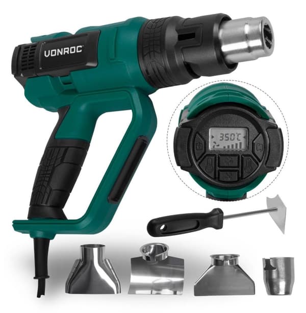 VONROC PRO Varmluftpistol - 2000W | Med LCD-skærm og 60 varmestande (50°C - 650°C)   | Inkl. Tilbehør 5 dele.