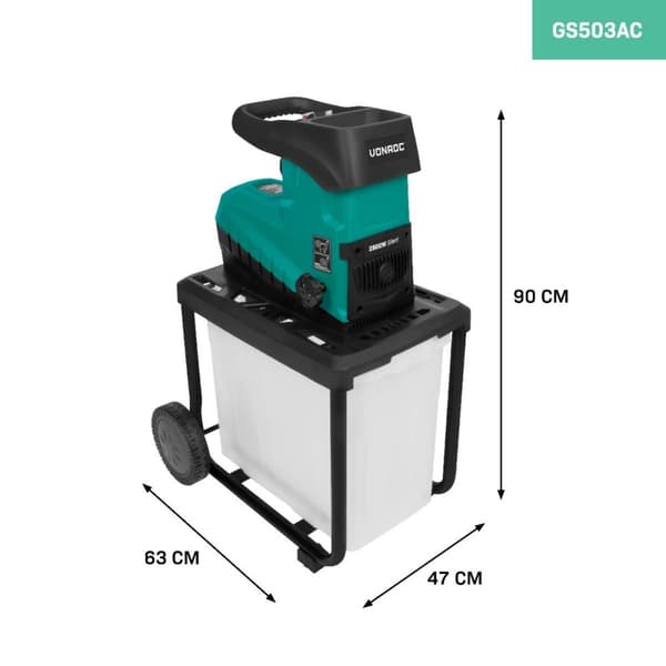 VONROC 2800W Tyst Kompostkvarn – Trädgårdskvarn med skärrullar och 60L behållare