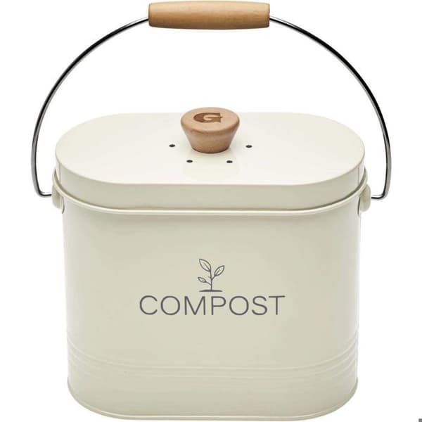Oval kökskompost i metall med filter 3 liter beige