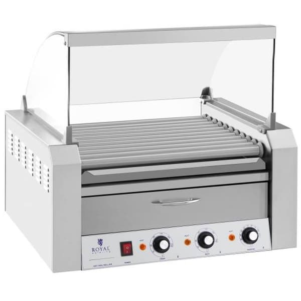 Rullagrilli kannella ja lämmityslaatikolla sämpylöitä varten 20 HotDog-makkaraa 2600W 230V Royal Catering