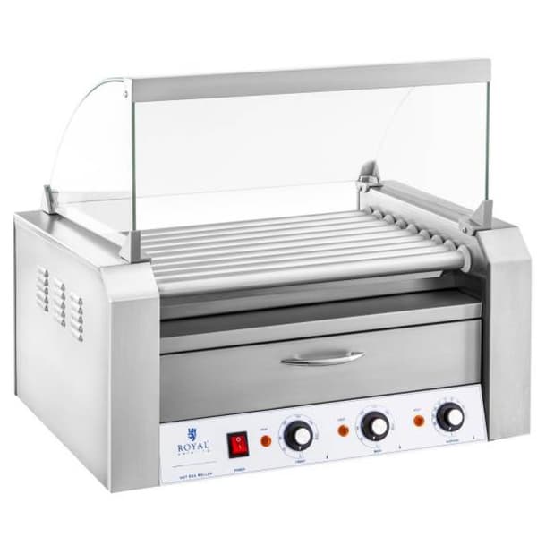 Rullrullgrill med lock och värmelåda för bullar 16 HotDog korvar 2200W 230V Royal Catering