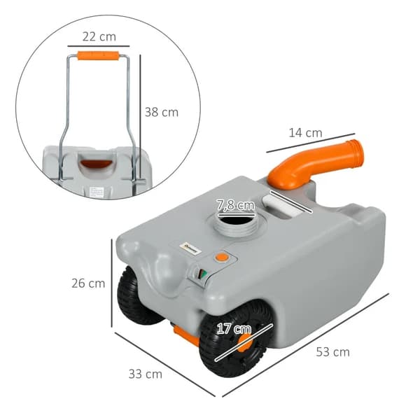 Rootzin jätevesisäiliö - Rullaava - Roiskeeton tyhjennys - Tilavuus 22L - Puhdas hävitys - Metallikahva - HDPE-muovi - Harmaa - 33W x 26D x 53K cm