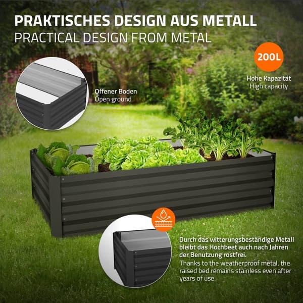 ML-Design sæt med 4 højbede i metal, 120x60x30 cm, 200 liter, antracit, vejrbestandig, rustbestandig, udendørs, plantebed plantekasse blomsterkasse