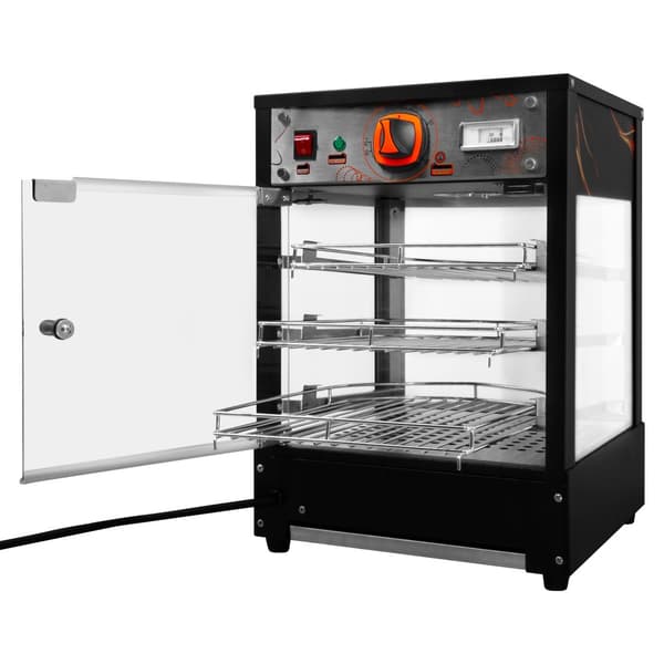 Matvärmare Uppvärmd Pizzadisplay Glasskärm Kommersiell Varm Mat Pizza Paj Svart Stål Elektrisk 30 - 85°C Temperatur 3-hyllplan Trådhyllor GRATIS Tång