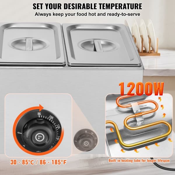 Kommersiel madvarmer, 1200W effekt, 3-pande kapacitet, rustfrit stål konstruktion