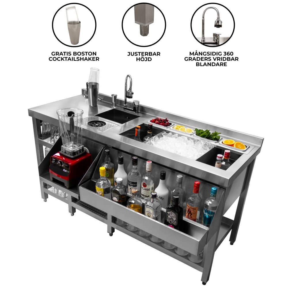 Deluxe Cocktailbar Station Rostfritt Stål Isolerad Isbrunn Fristående Arbetsstation Handfat Vridbar Blandare Speed Rail Drinkar Glastvätt Shaker