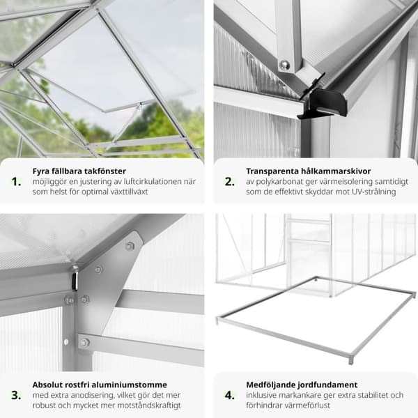 Växthus av aluminium med fundament, 185x375x195cm - transparent