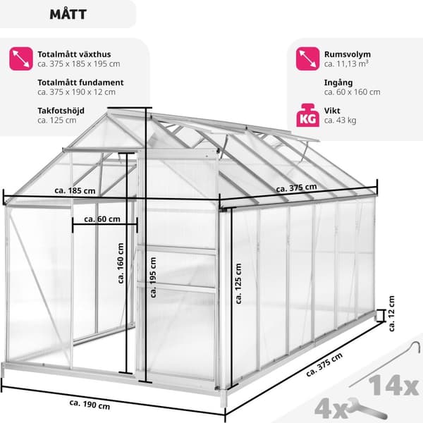Växthus av aluminium med fundament, 185x375x195cm - transparent