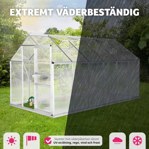 Växthus av aluminium med fundament, 185x375x195cm - transparent