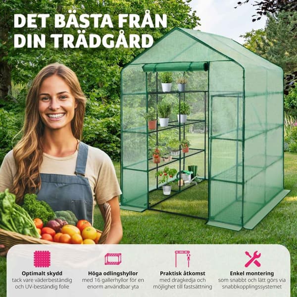 Växthus med presenning, fyrkantig bas 143x143x195cm, Trädgårdsväxthus drivhus - grön