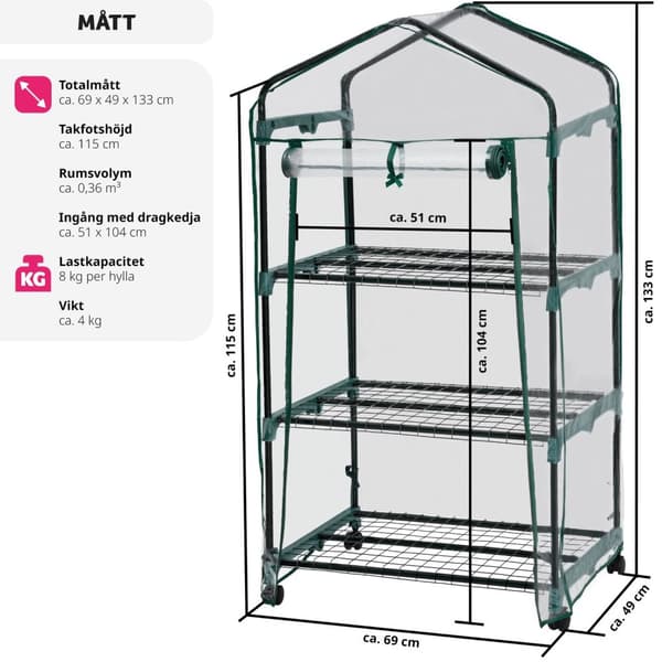 Mobilt växthus med 3 hyllplan 69x49x133cm - transparent