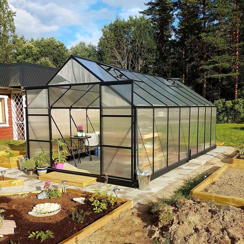 Växthus 18m² Premium | Extra hög odlingshöjd | 6mm kanalplast - Svart