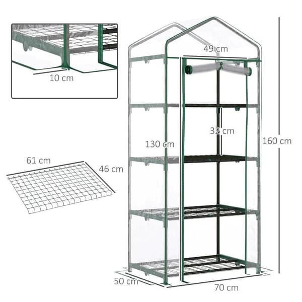 Rootz Greenhouse - Portabelt 4-vånings miniväxthus - Plant Grow House Shed med genomskinligt lock - Tomat House - Kallram - Grön - 70 x 50 x 160 cm