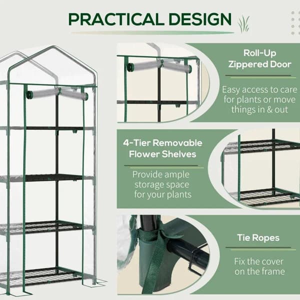 Rootz Greenhouse - Portabelt 4-vånings miniväxthus - Plant Grow House Shed med genomskinligt lock - Tomat House - Kallram - Grön - 70 x 50 x 160 cm