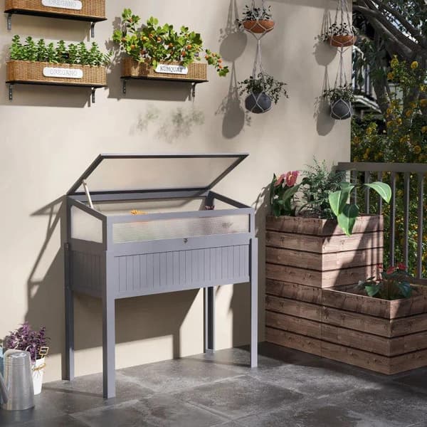 Rootz - Højt drivhus - Forhøjet drivhus - 2-i-1 trædrivhus - Med forhøjet havekasse - Højbed - Oplukkelig top til blomster - Grå - 120 x 54 x 112/122