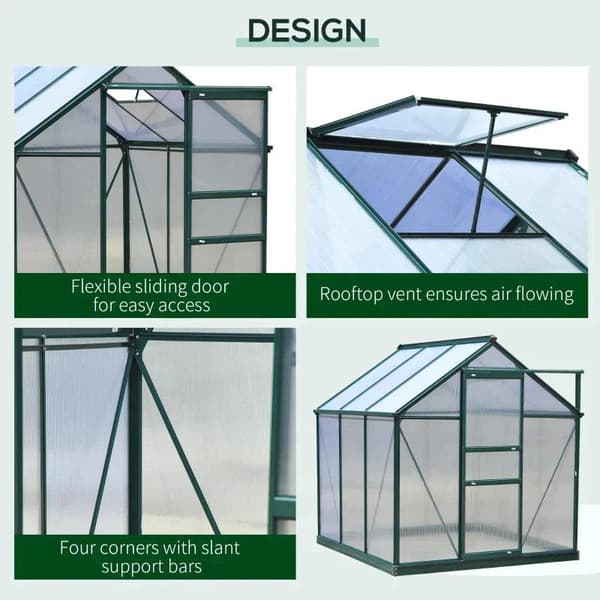 Rootz Drivhus - Walk-in Mini Drivhus - Med Ovenlys - Skydedør - Aluminiumslegering/PC-plade - Grøn/Transparent - 190 x 192 x 201 cm