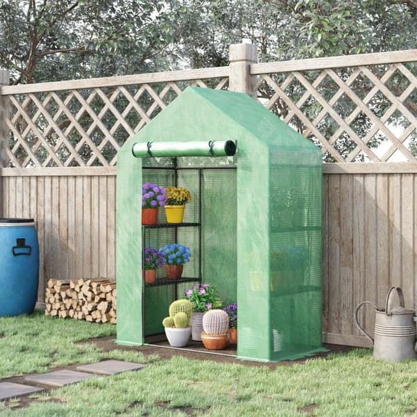 Rootz Folie Drivhus - Drivhus med 6 hylder - Walk-in haveskur Drivhus - Tomathus - Plantehus med rulleindgang - Kold ramme - Grøn - 141 x 72 x 191 cm