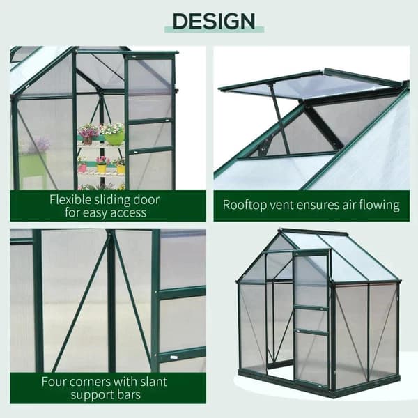 Rootz Greenhouse - Walk-in miniväxthus - Med takfönster - Aluminiumlegering/PC-skiva - Mörkgrön - 1,9x1,3x2 m
