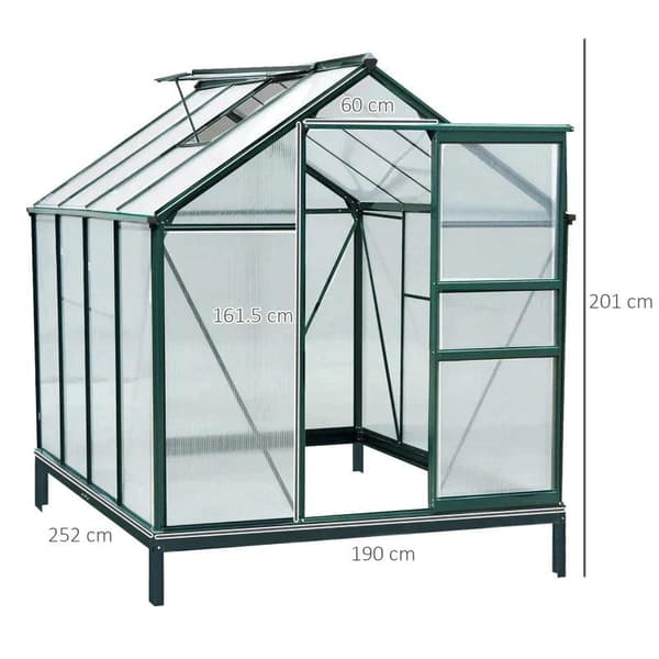 Rootz Drivhus - Klart Polycarbonat Drivhus - Stort Walk-in Green House - Aluminiumslegering/PC-plade - Grøn/Transparent - 190L x 252W x 201H (cm)