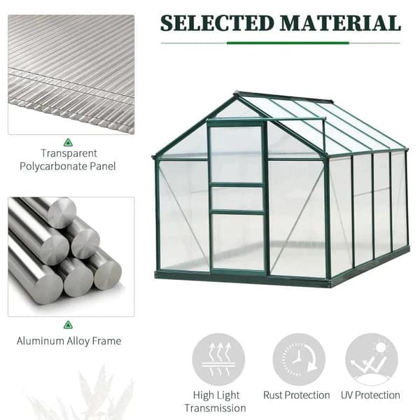 Rootz Drivhus - Klart Polycarbonat Drivhus - Stort Walk-in Green House - Aluminiumslegering/PC-plade - Grøn/Transparent - 190L x 252W x 201H (cm)