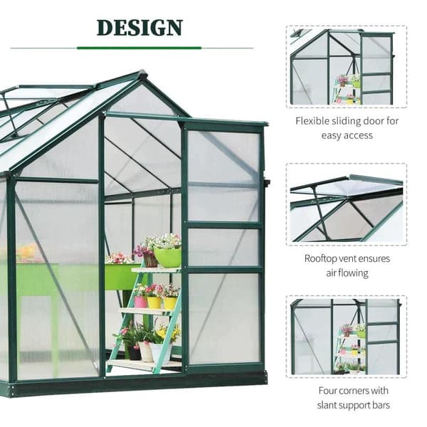 Rootz Drivhus - Klart Polycarbonat Drivhus - Stort Walk-in Green House - Aluminiumslegering/PC-plade - Grøn/Transparent - 190L x 252W x 201H (cm)