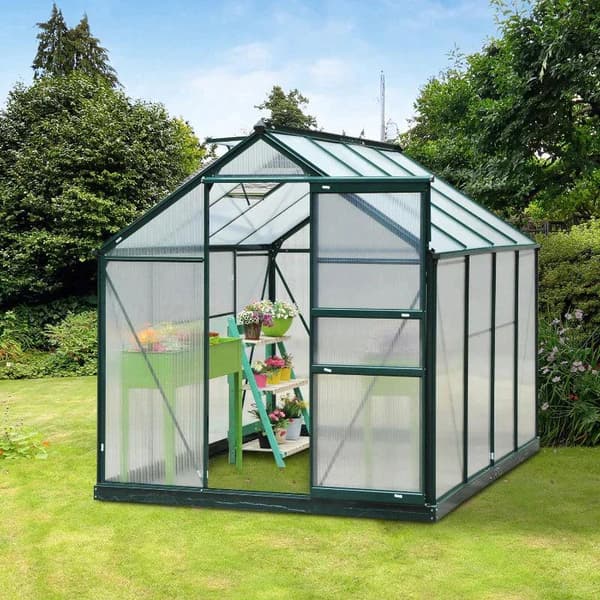 Rootz Drivhus - Klart Polycarbonat Drivhus - Stort Walk-in Green House - Aluminiumslegering/PC-plade - Grøn/Transparent - 190L x 252W x 201H (cm)