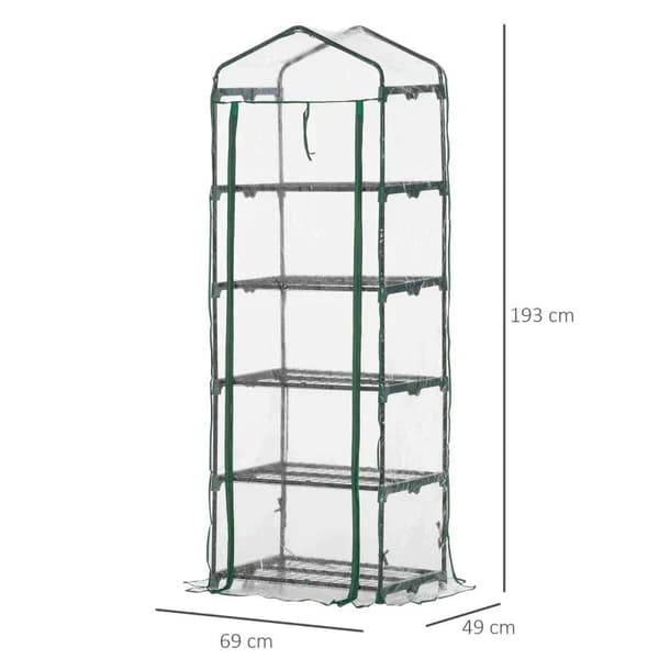 Rootz Folieväxthus - Miniväxthus med 5 hyllor för att odla blommor eller grönsaker - Stål - Plast - Transparent + Grön - 69 x 49 x 193 cm