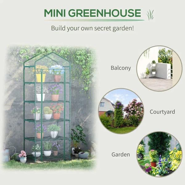 Rootz Folieväxthus - Miniväxthus med 5 hyllor för att odla blommor eller grönsaker - Stål - Plast - Transparent + Grön - 69 x 49 x 193 cm