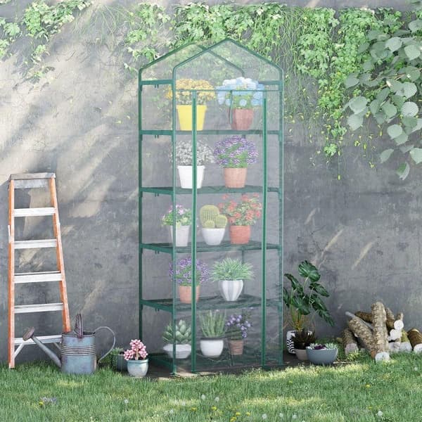 Rootz Folieväxthus - Miniväxthus med 5 hyllor för att odla blommor eller grönsaker - Stål - Plast - Transparent + Grön - 69 x 49 x 193 cm