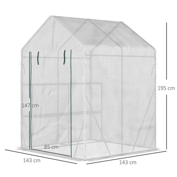 Rootz Folie Drivhus - Walk In Drivhus med 4 hylder - Tomat Drivhus - Kold Ramme med lynlåsdøre - Stål - PE Plast - Hvid - 143 x 143 x 195 cm