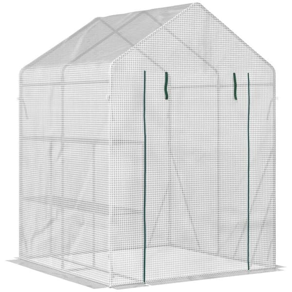Rootz Folie Drivhus - Walk In Drivhus med 4 hylder - Tomat Drivhus - Kold Ramme med lynlåsdøre - Stål - PE Plast - Hvid - 143 x 143 x 195 cm