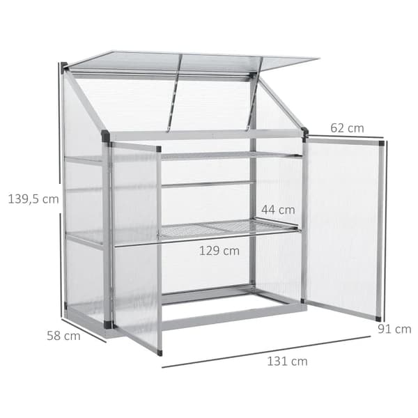 Rootz drivhus med fundamentramme - Polycarbonathus - 2 hylder - Aluminiumsramme - Sølv - 131 x 58 x 139,5 cm