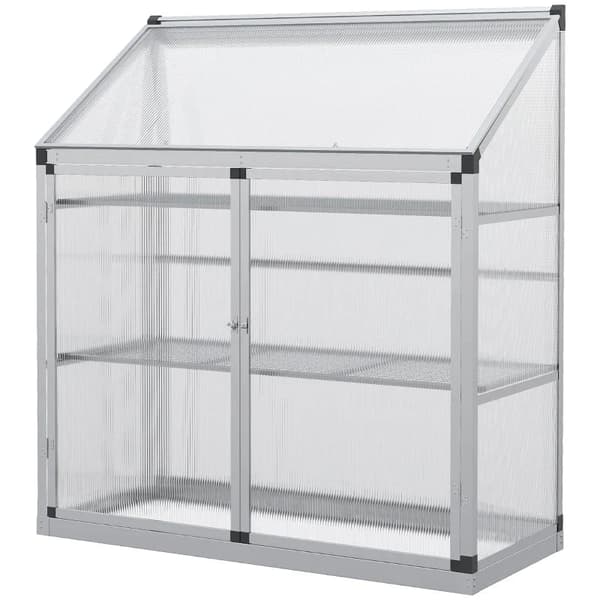 Rootz drivhus med fundamentramme - Polycarbonathus - 2 hylder - Aluminiumsramme - Sølv - 131 x 58 x 139,5 cm