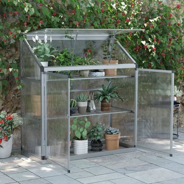 Rootz drivhus med fundamentramme - Polycarbonathus - 2 hylder - Aluminiumsramme - Sølv - 131 x 58 x 139,5 cm