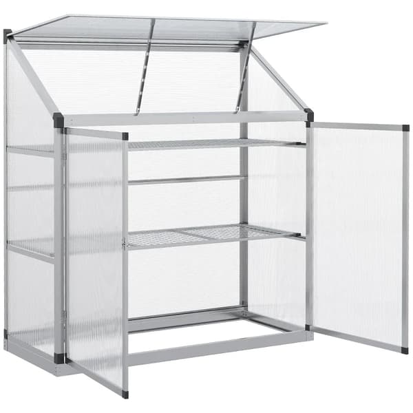 Rootz drivhus med fundamentramme - Polycarbonathus - 2 hylder - Aluminiumsramme - Sølv - 131 x 58 x 139,5 cm