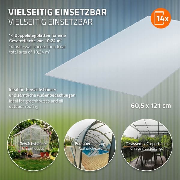 14x polykarbonaattilevyt 4mm 121x60,5 cm yhteensä 10,2 m².