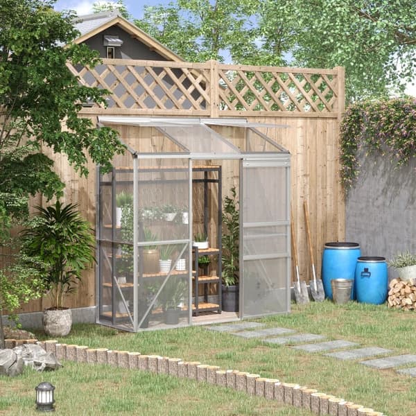 Rootz Lean-to Greenhouse - Skydedør - Tagvindue - Polycarbonat + Aluminium - Sølv - 192 x 68 x 196 cm