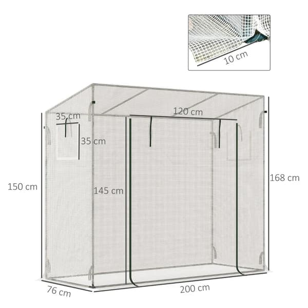 Rootz Greenhouse med sidofönster - Rulldörr - Vindtät - Stålram - Plastpresenning - Vit - 200 x 68 x 196 cm