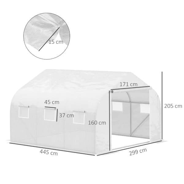 Rootz Tunnel Greenhouse - 6 rullaavaa ikkunaa - vetoketjullinen ovi - repeytymätön kalvo - metallikehys - valkoinen - 4,45 x 3 x 2,05 m