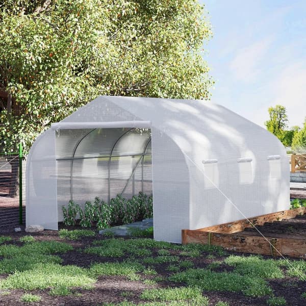 Rootz Tunnel Greenhouse - 6 rullaavaa ikkunaa - vetoketjullinen ovi - repeytymätön kalvo - metallikehys - valkoinen - 4,45 x 3 x 2,05 m