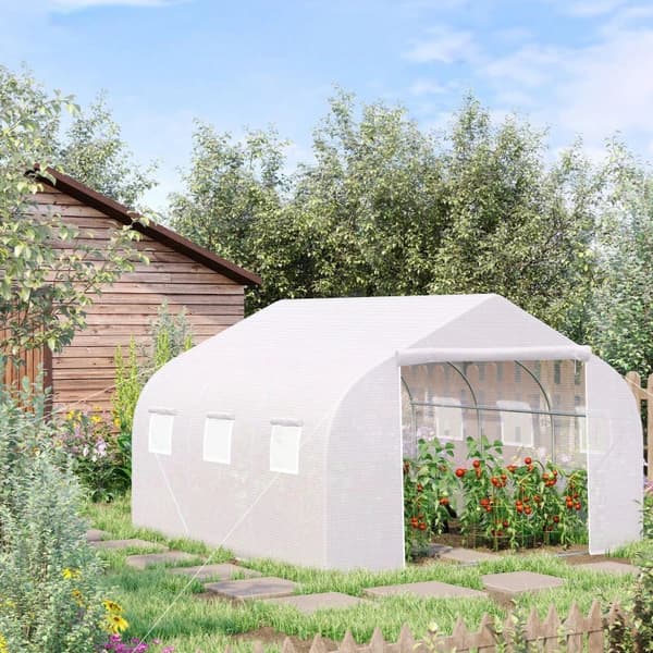 Rootz Tunnel Greenhouse - 6 rullaavaa ikkunaa - vetoketjullinen ovi - repeytymätön kalvo - metallikehys - valkoinen - 4,45 x 3 x 2,05 m