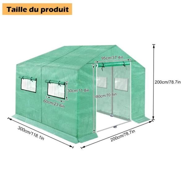 YUENFONG Trädgårdsväxthus, Trädgårdstunnelväxthus med dragkedja och rullfönster - Grön - 3 x 2 x 2 m
