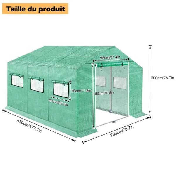 YUENFONG Trädgårdsväxthus, Trädgårdstunnelväxthus med dragkedjedörr och rullfönster - Grön - 4,5 x 2 x 2 m