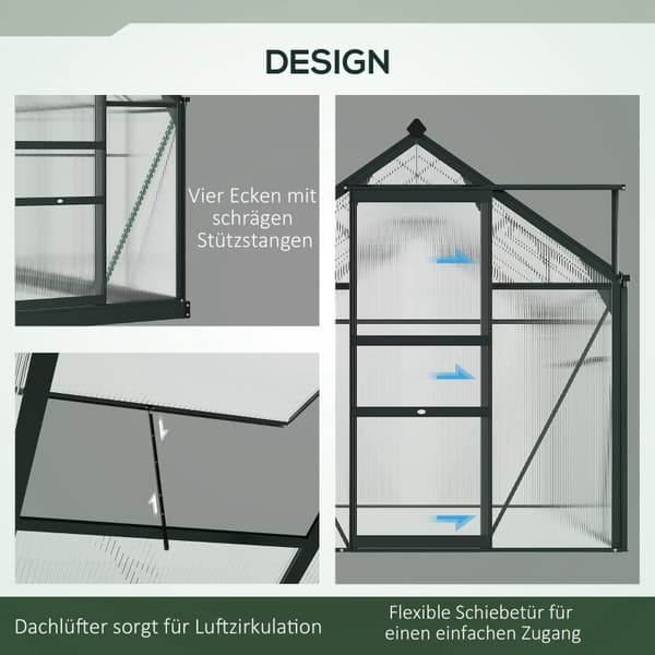 Rootz Greenhouse Cold Frame - Walk-In drivhus - Vejrbestandig - Rustbestandigt aluminium - Optimal ventilation - 190cm x 132cm x 201cm - Grå
