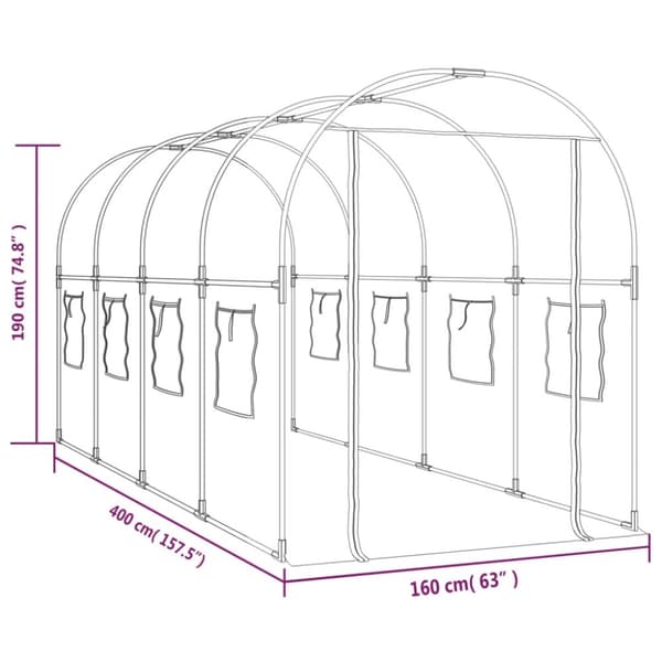 Växthus genomskinligt 160x400x190 cm PVC & pulverlackerat stål