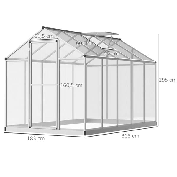 Rootz Greenhouse 3x2m - Aluminiums drivhus - Polycarbonate Garden Shed - UV -resistente - 303x183x195 cm